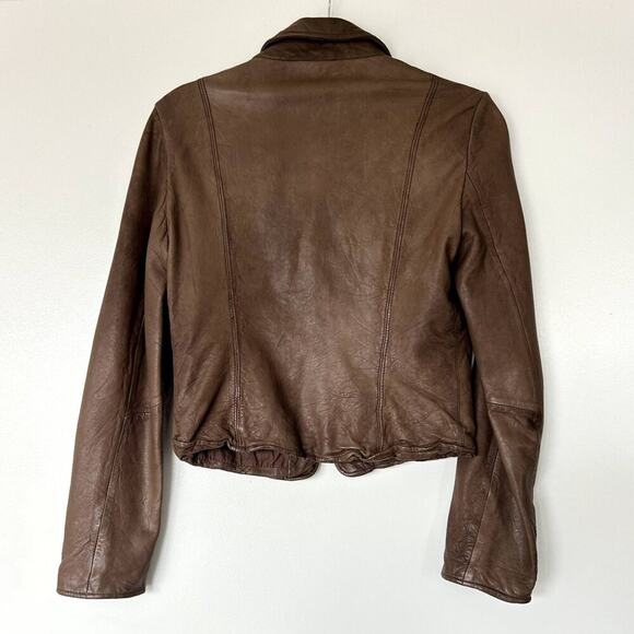 EUC BCBGMaxAzria Brown Leather Moto Jacket sz Small Distressed Zip Pocket Style - Picture 8 of 9